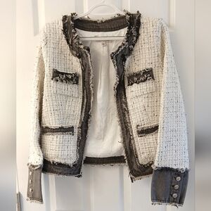 Nanette Lepore Tweed & Denim Cropped Jacket – Ivory/Black/Gold – Size Small NWT